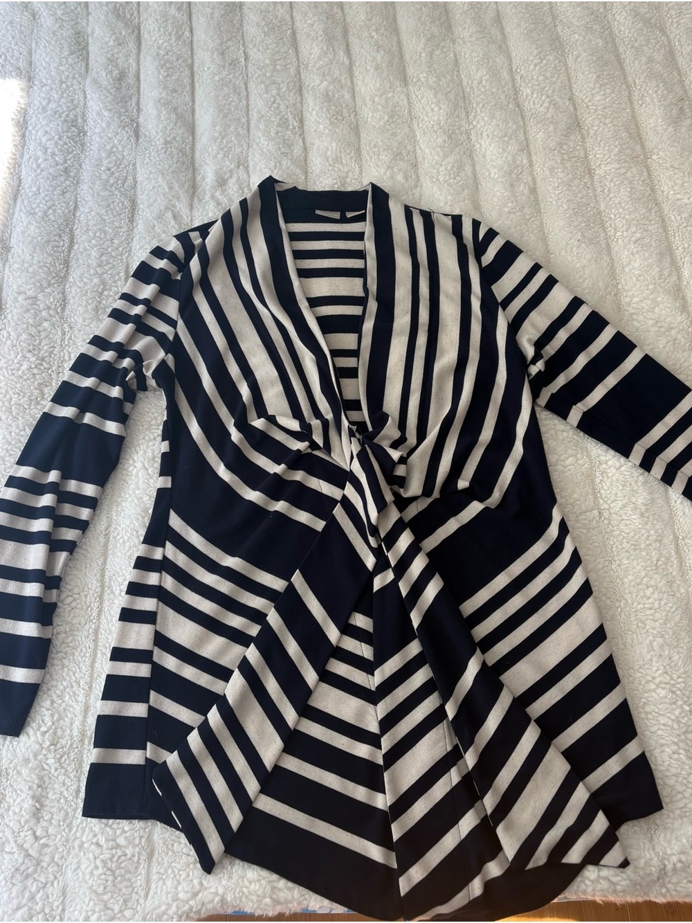 Chico's Black and Cream Striped Twist-Front Cardigan